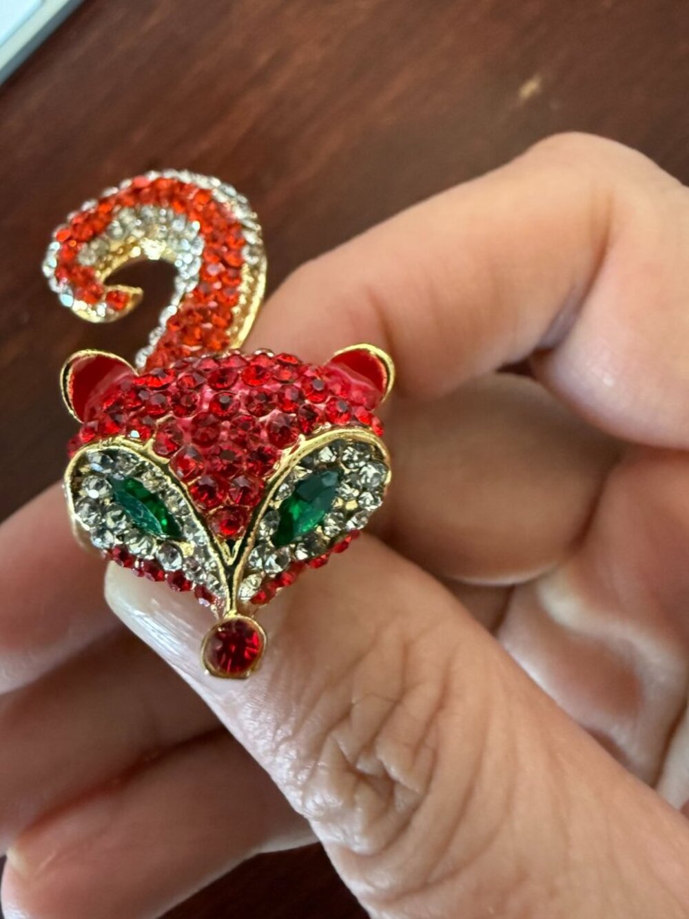 Rhinestone Fox Statement Ring Gold Tone Red Crystal Green Eyes Animal Size 7 - Picture 3 of 7